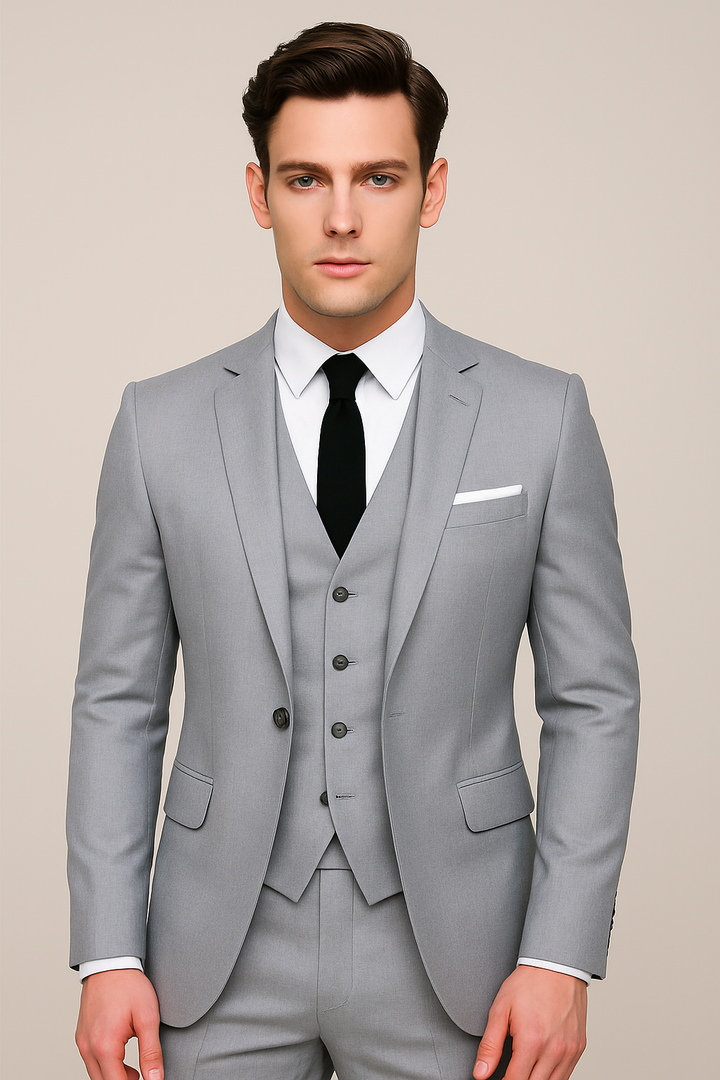 Elegant black slim fit 3-piece suit for men. Perfect formal attire for professional events, weddings, and ceremonies.