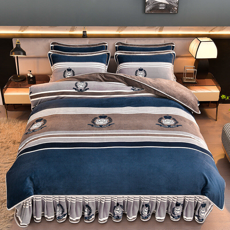Modern milk velvet bed sheet set with skirt design in king size, soft & luxurious for winter bedding