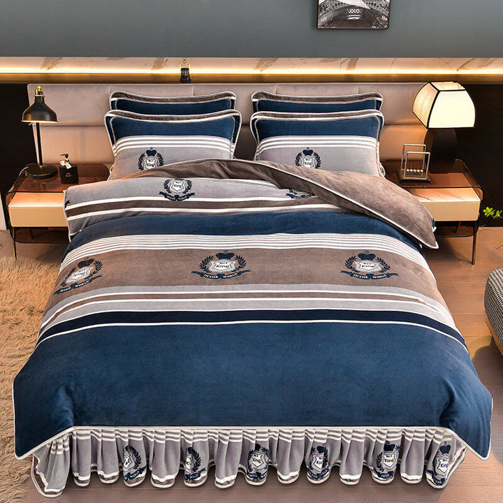 Modern milk velvet bed sheet set with skirt design in king size, soft & luxurious for winter bedding