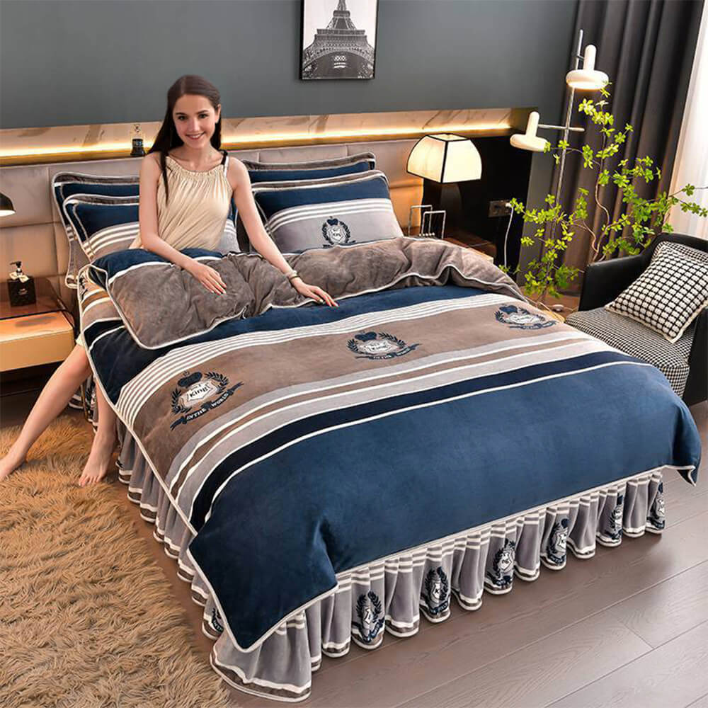Close-up of modern milk velvet bed sheet with elegant skirt, cozy and soft for luxury bedding set