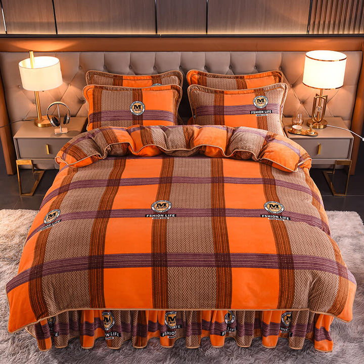 Milk velvet bed sheet set with skirt design, showing modern bedroom aesthetic & quality fabric