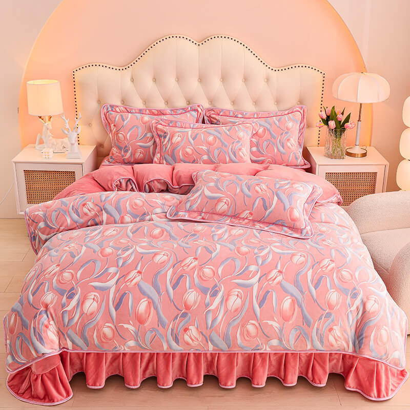 King size milk velvet bedding set, soft sheets with a decorative skirt for a cozy winter bedroom