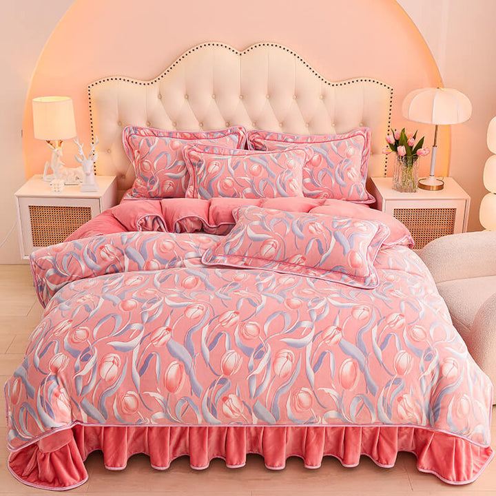 King size milk velvet bedding set, soft sheets with a decorative skirt for a cozy winter bedroom