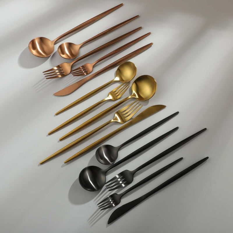 Modern gold silverware, a beautiful and functional kitchen accessory. Dining decor.