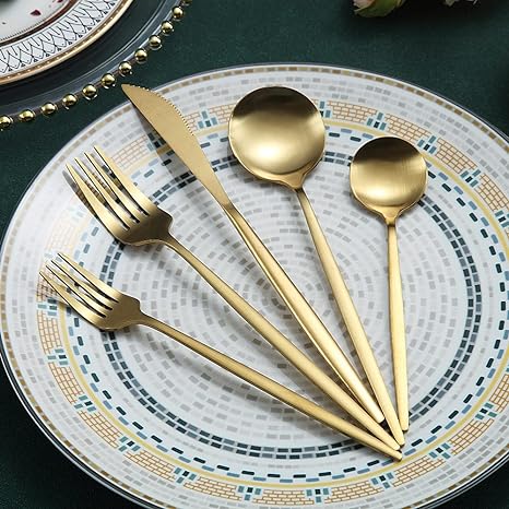 Rose gold PureSet dining table cutlery for modern meals. Minimalist flatware for dinner.