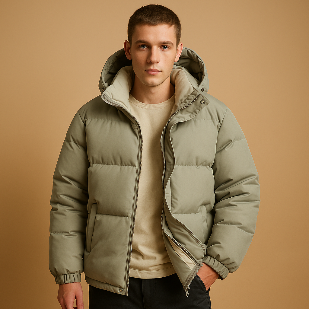 Modern men's puffer jacket with hood, lightweight & breathable, offering warmth and style for everyday outdoor wear.