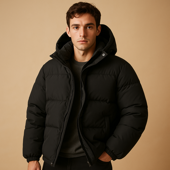 Men's modern puffer jacket with a hood, ideal for warmth & style in cold weather. Insulated & lightweight outerwear.