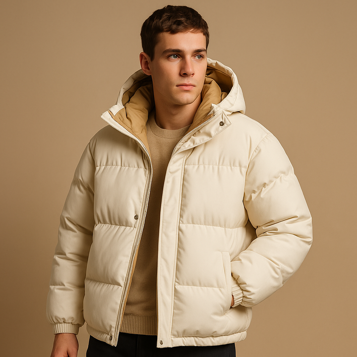 Stylish men's hooded puffer jacket, perfect for casual wear, travel, or sporty activities. Breathable & modern design.