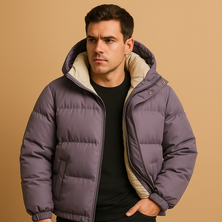 Warm men's insulated puffer jacket with a hood, a stylish winter coat designed for cold weather protection & comfort.