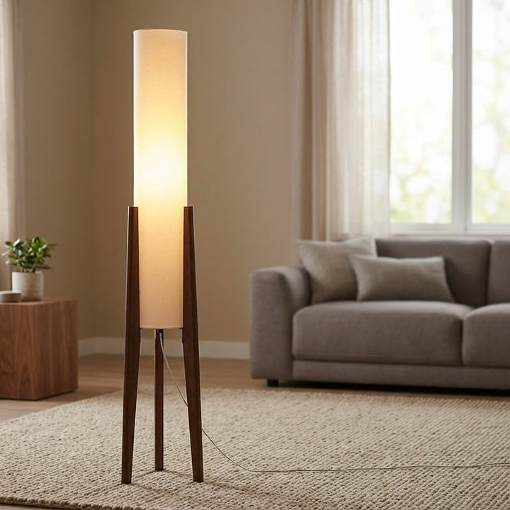 Modern Scandinavian wood floor lamp, Havenara, for cozy ambient living room lighting.