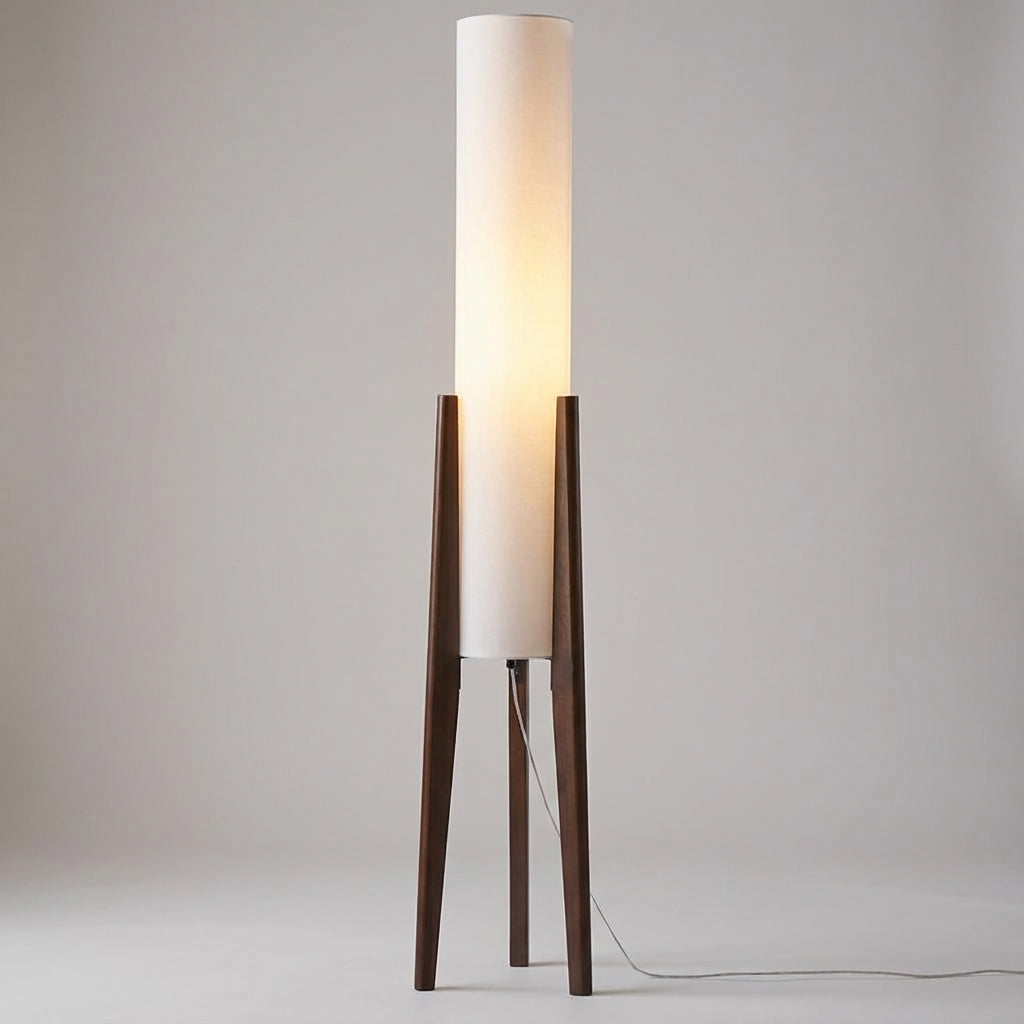 Minimalist LED floor lamp, Havenara, with natural wood finish, perfect for modern living room decor.