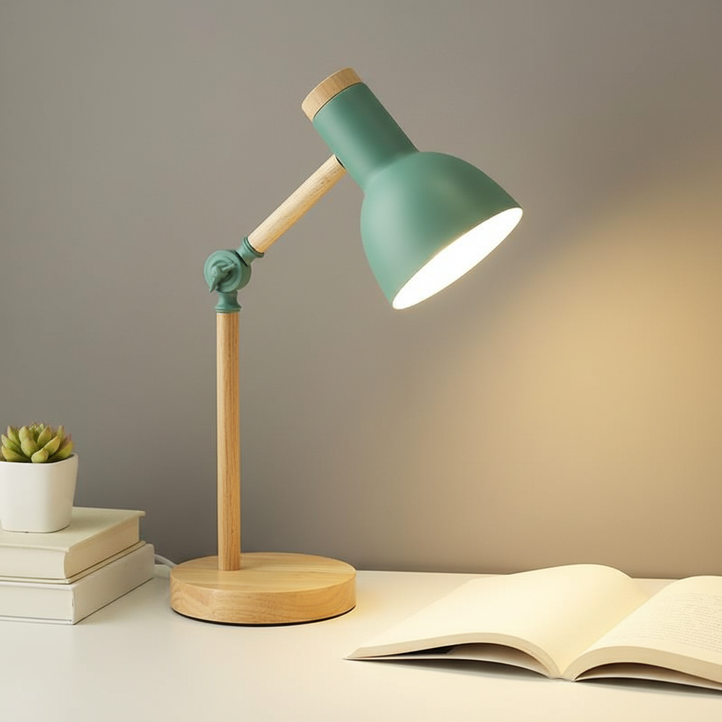 Modern Scandinavian wood & metal desk lamp for home office. Ideal for reading & task lighting.