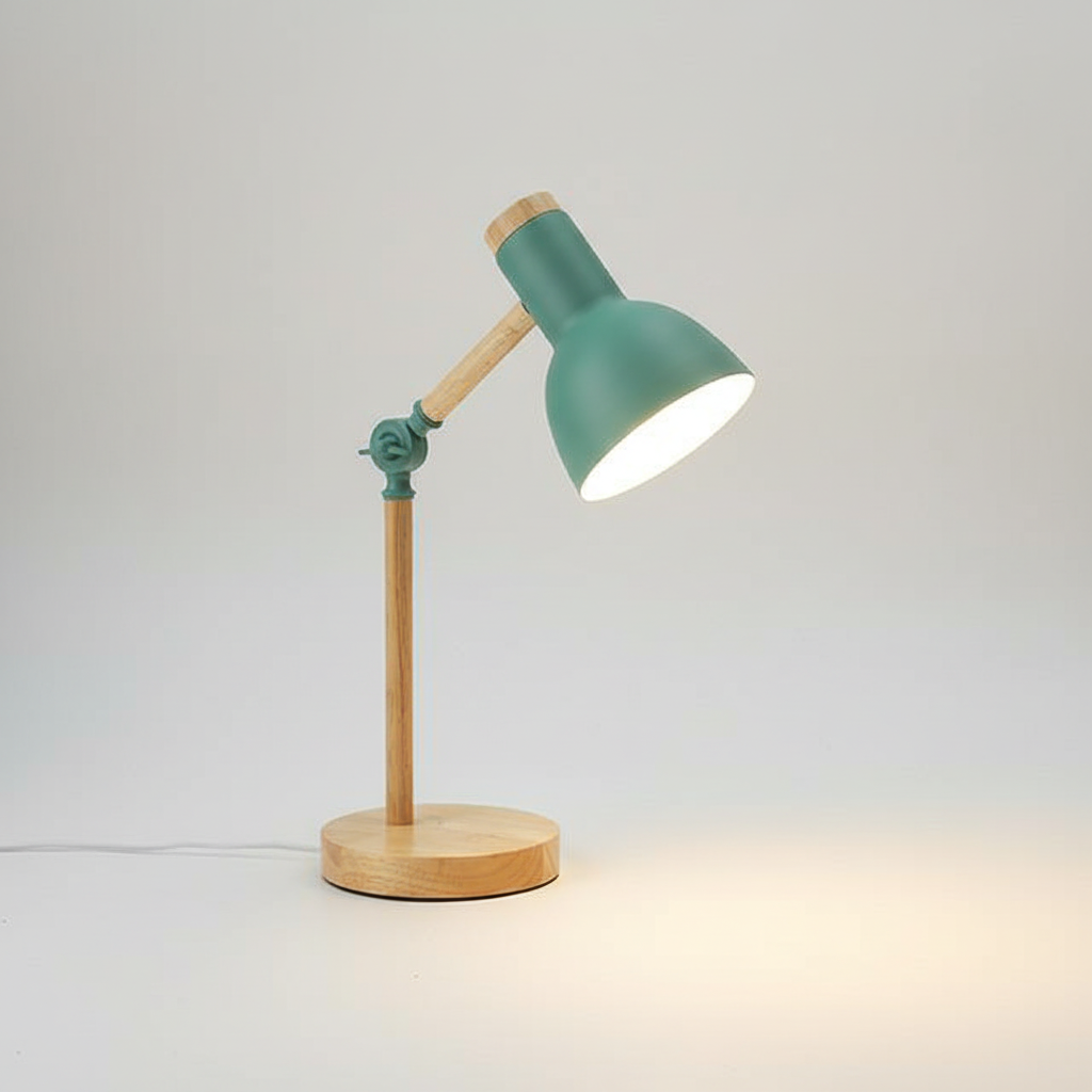 Adjustable Scandinavian wood & metal table lamp. Perfect modern lighting for a home office or reading nook.