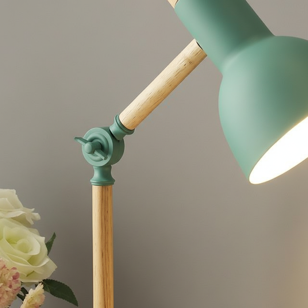 Stylish Scandinavian desk lamp with wood base & metal shade. Modern home decor for office or living space.