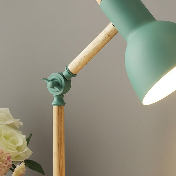 Stylish Scandinavian desk lamp with wood base & metal shade. Modern home decor for office or living space.