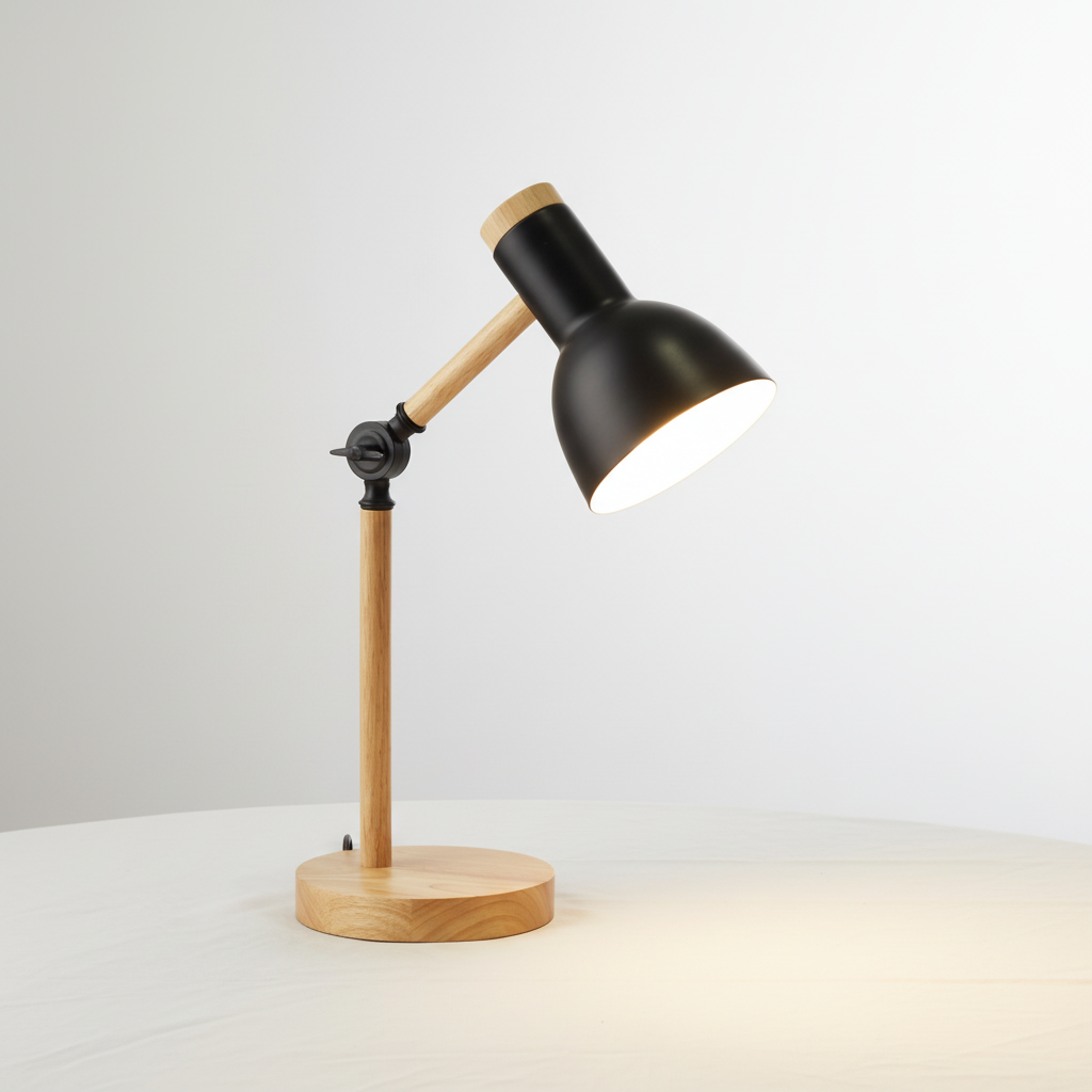 Contemporary Scandinavian wood and metal table lamp. Sleek design for modern office lighting & home decor.