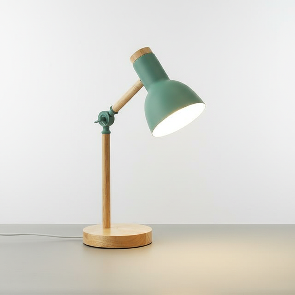Elegant Scandinavian desk lamp. Features wood & metal, providing focused lighting for modern home offices.