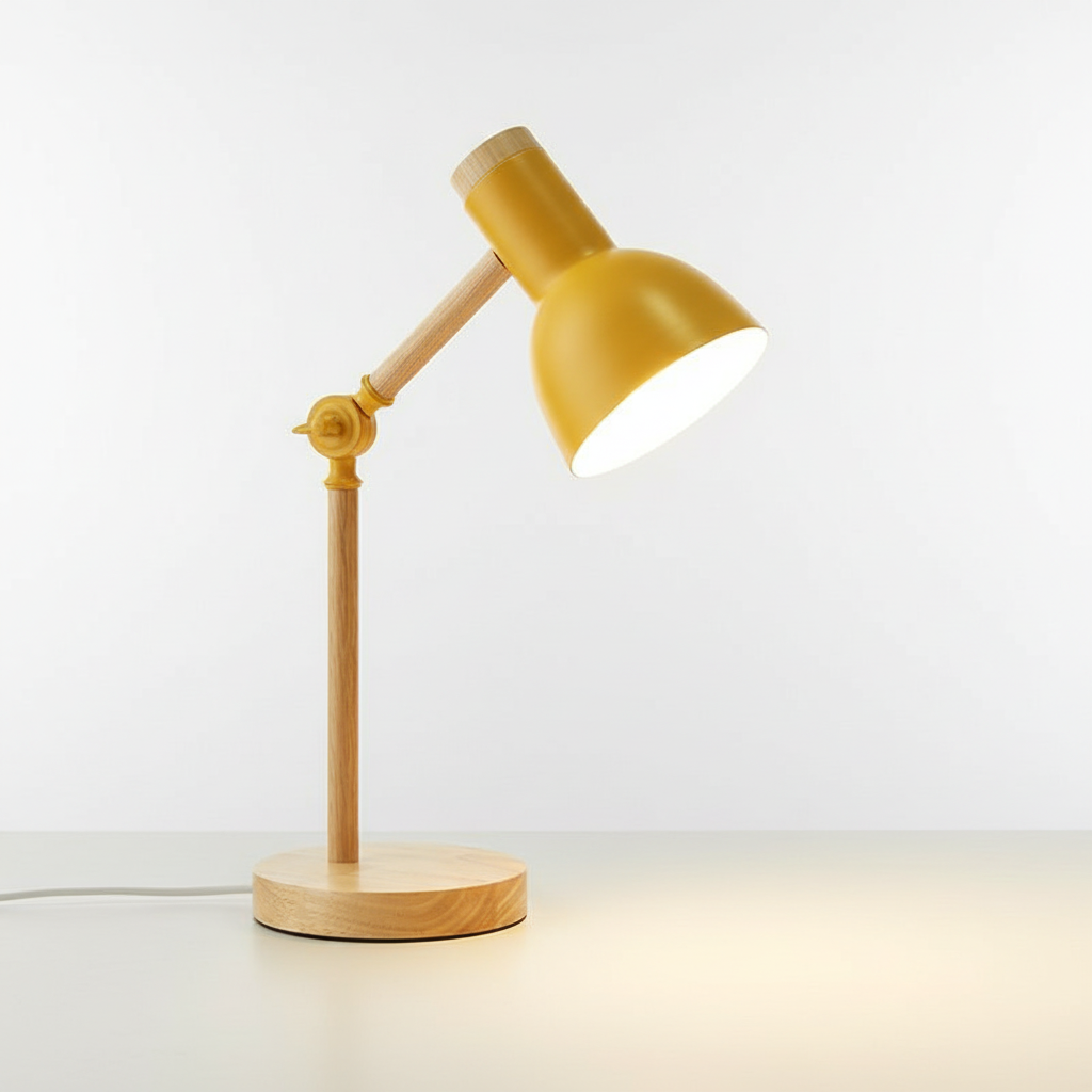 Minimalist Scandinavian wood & metal lamp. An adjustable modern table lamp for sophisticated office lighting.