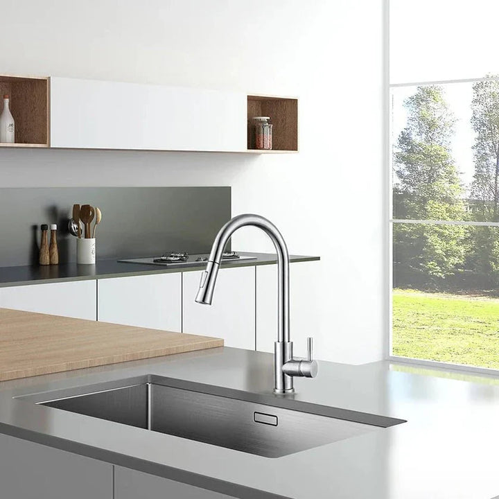 Modern smart sensor kitchen faucet with pull-out sprayer, touchless control for easy use.
