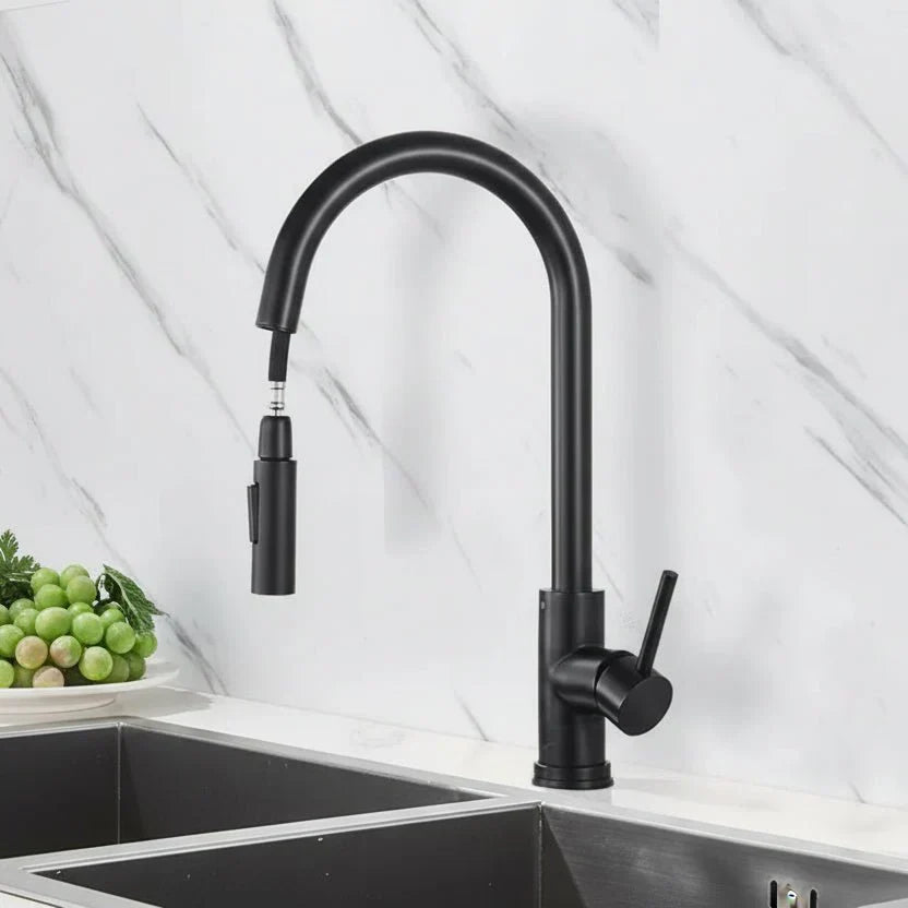 Innovative touchless kitchen faucet, sensor activated with a convenient pull-out spray head for cleaning.