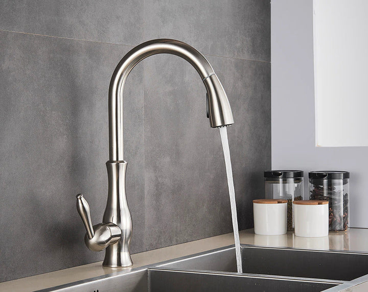 Modern stainless steel pull-out kitchen faucet, FlexFlow for effortless cleaning & modern home improvement.