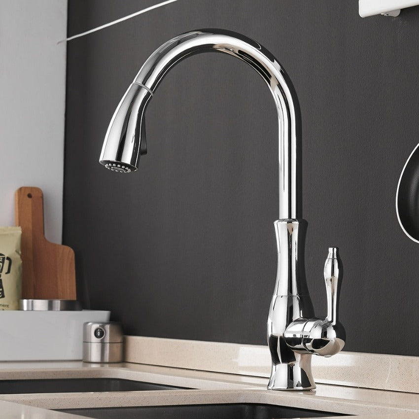 Versatile FlexFlow pull-out kitchen faucet. Modern stainless steel retractable tap for easy kitchen cleaning.