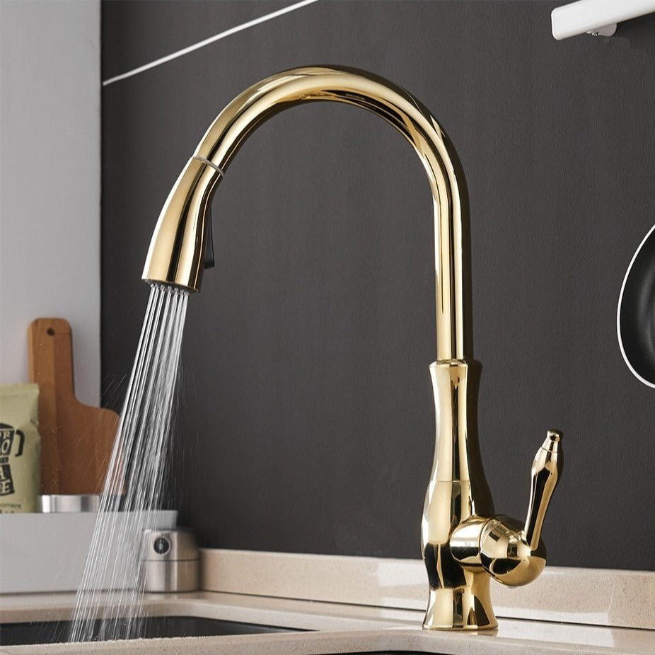 High-arc pull-out kitchen faucet, stainless steel. Retractable tap for effortless cleaning & modern kitchens.