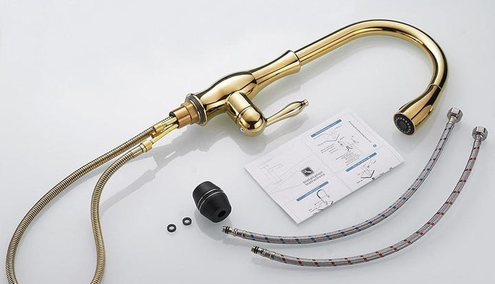 Modern FlexFlow pull-out kitchen faucet, multiple finishes (black, gold, chromium). Enhance your kitchen.