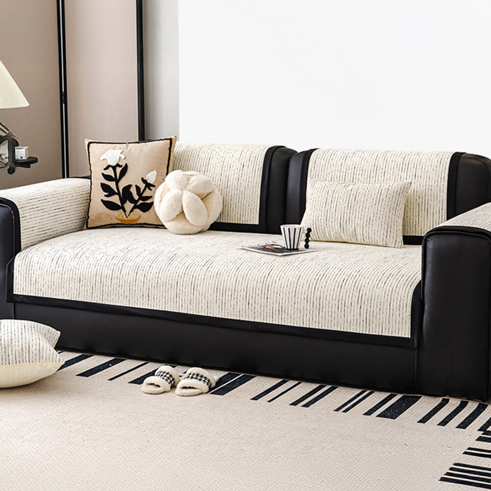 Elegant striped chenille sectional cover, perfect for furniture protection with a modern look