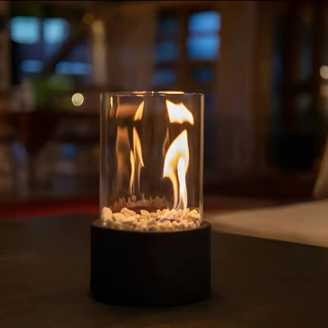 Modern tabletop fireplace, portable bioethanol burner, sleek design for indoor & outdoor ambiance.