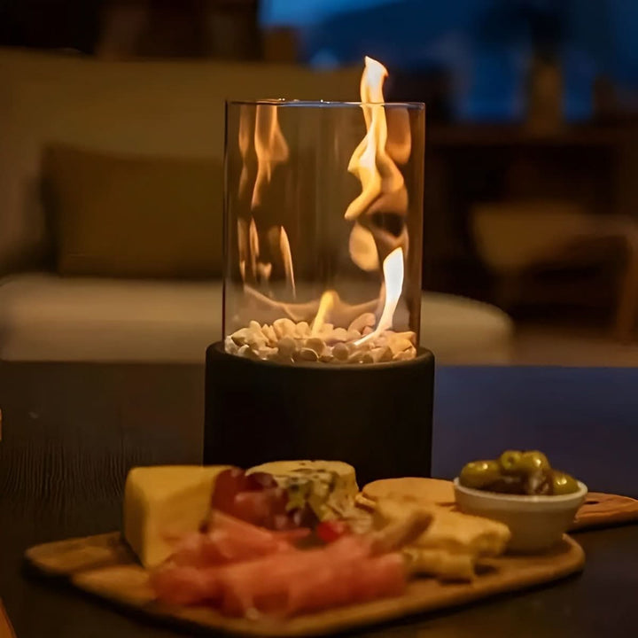 Portable tabletop fire, smoke-free indoor/outdoor fireplace for modern home decor & elegant ambiance.