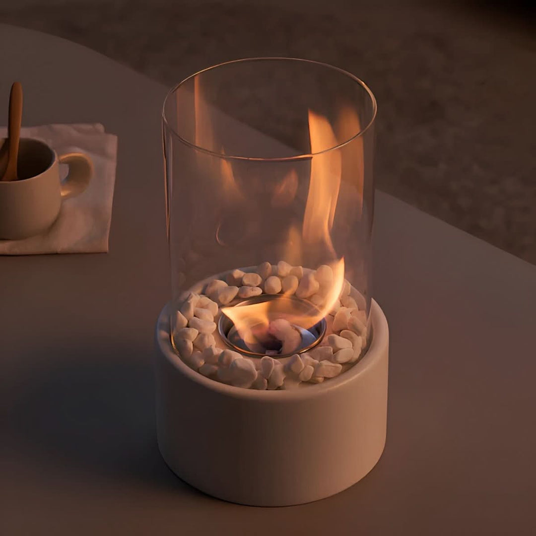Sleek portable tabletop fire, clean-burning for indoor or outdoor modern decor, adds instant ambiance.