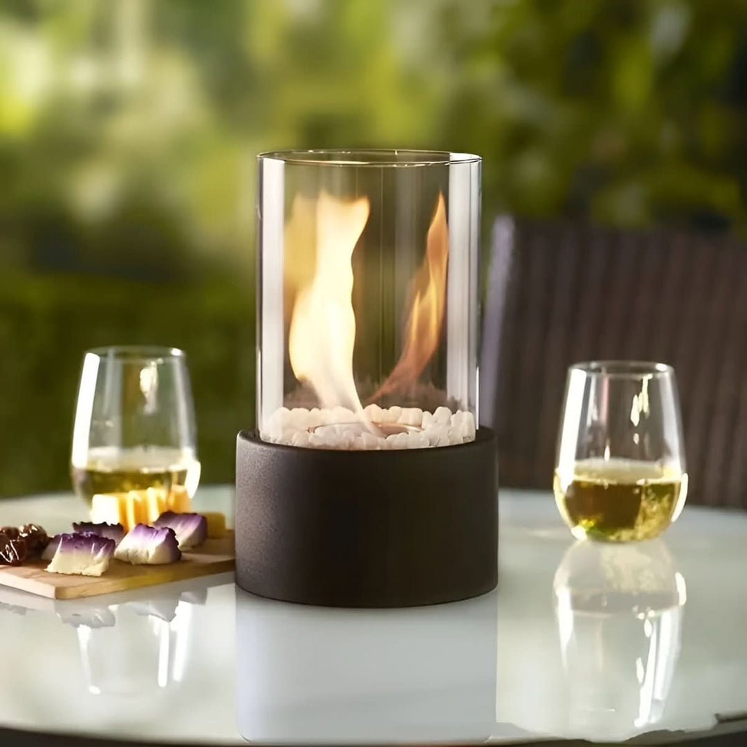 Compact modern tabletop fireplace, a portable bioethanol burner creating smoke-free ambiance for any room.