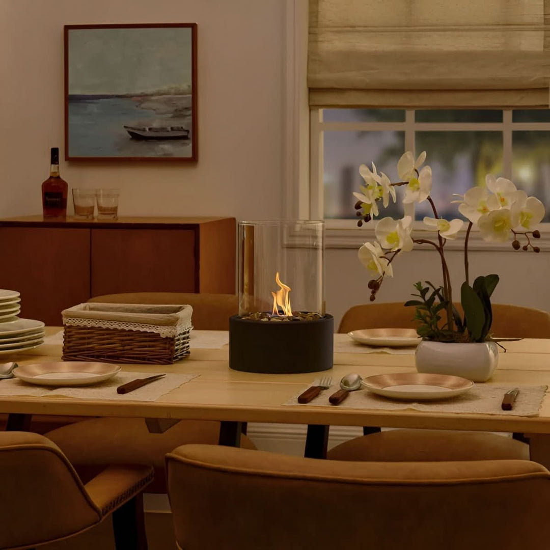 Versatile modern tabletop fireplace, portable smoke-free ambiance, perfect home decor for any setting.