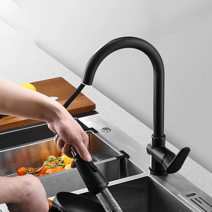 Matte black touch control kitchen faucet with extendable pull-out spray head for easy cleaning and modern style.