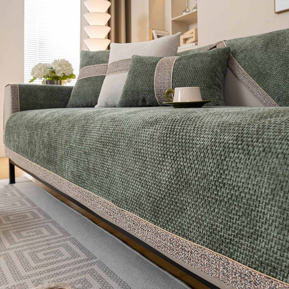Modern tweed chenille anti-slip couch cover in gray, protecting a sectional sofa