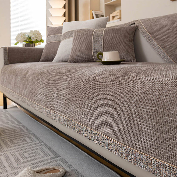 Large modern tweed chenille anti-slip furniture protector, covering a full sofa