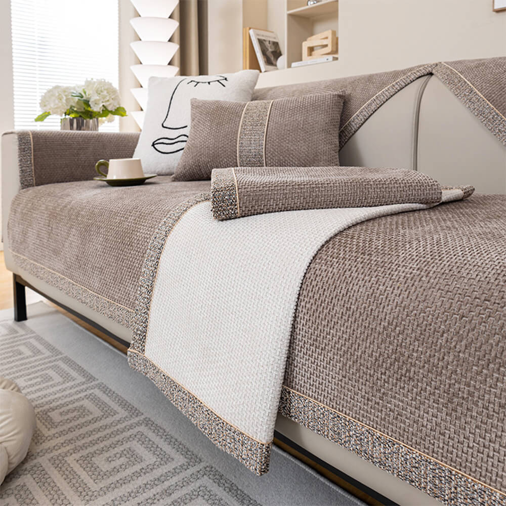 Close-up of woven texture on modern tweed chenille furniture protector for sofas