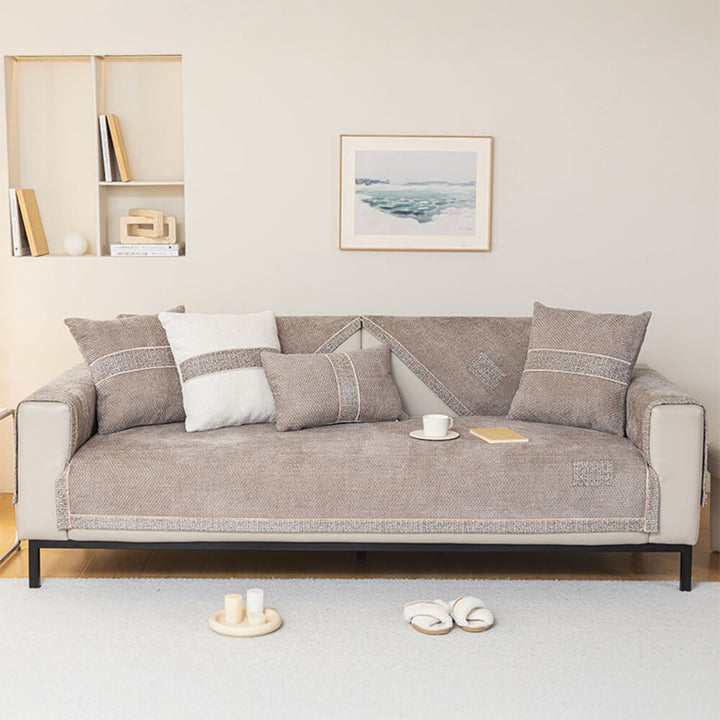 Machine washable modern tweed chenille couch cover, ready for easy cleaning