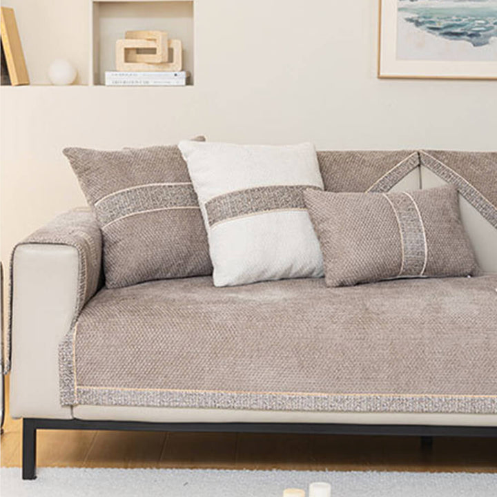 Stylized shot of the modern tweed chenille anti-slip sectional cover in a living room