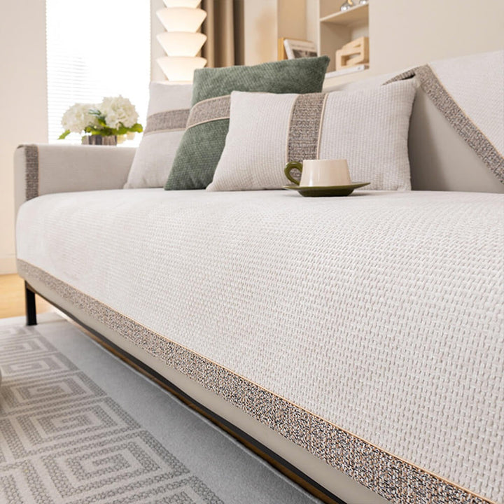 Pet-friendly chenille sofa cover in modern tweed design, shown on a sectional