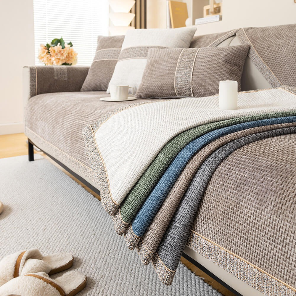 Durable, modern tweed chenille sofa cover, anti-slip backing, ideal for pet owners