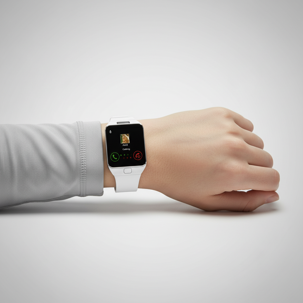 White modern smartwatch, rectangular display, fitness tracker, & call answering for active lifestyles.