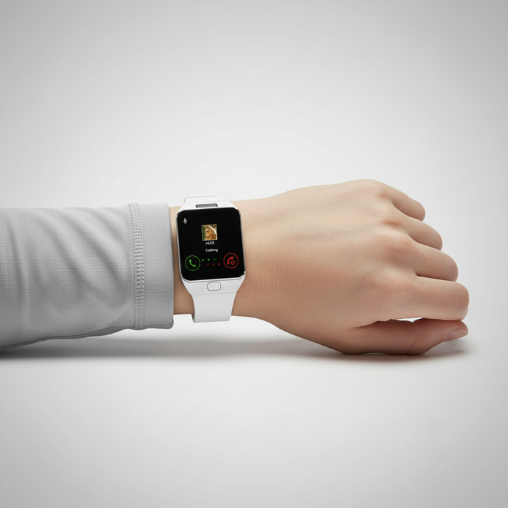 White modern smartwatch, rectangular display, fitness tracker, & call answering for active lifestyles.