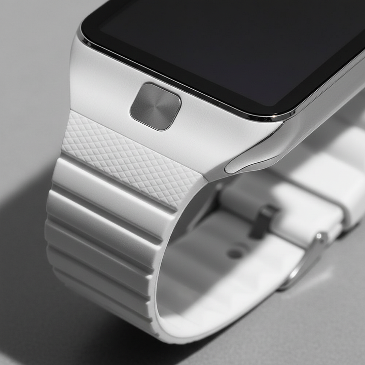 Black unisex smartwatch, rectangular touchscreen, digital watch with fitness tracking & call features.