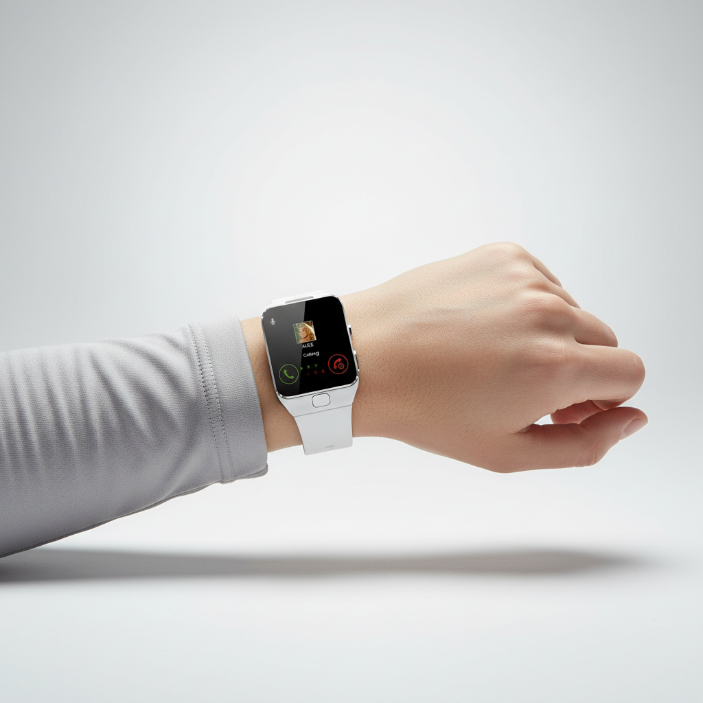 Silver modern smartwatch, rectangular display. Wearable tech for fitness, calls, and digital convenience.
