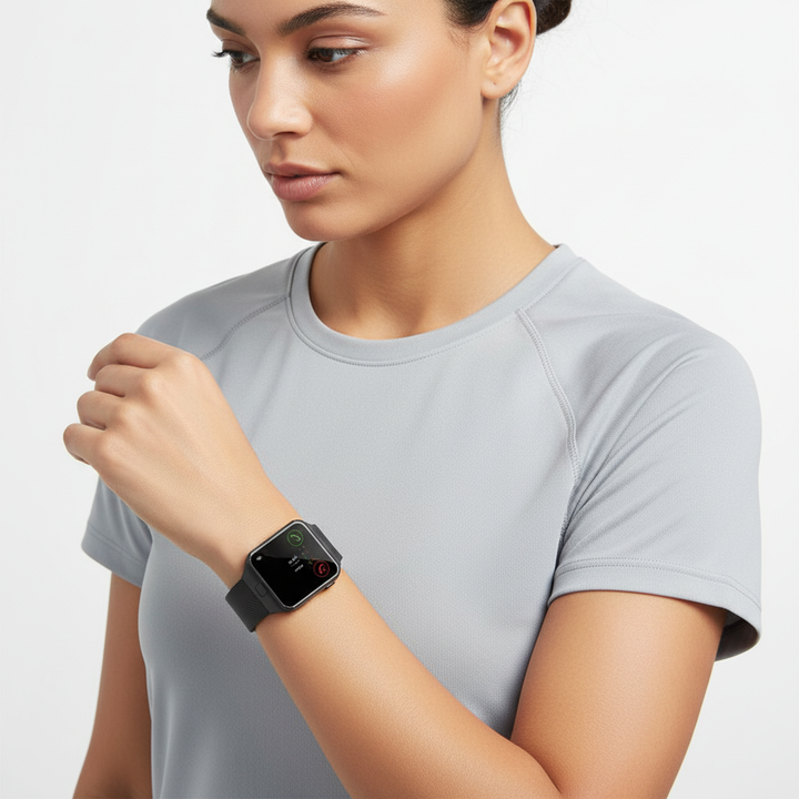 Elegant gold unisex smartwatch, rectangular touchscreen display, modern wearable tech for style & function.