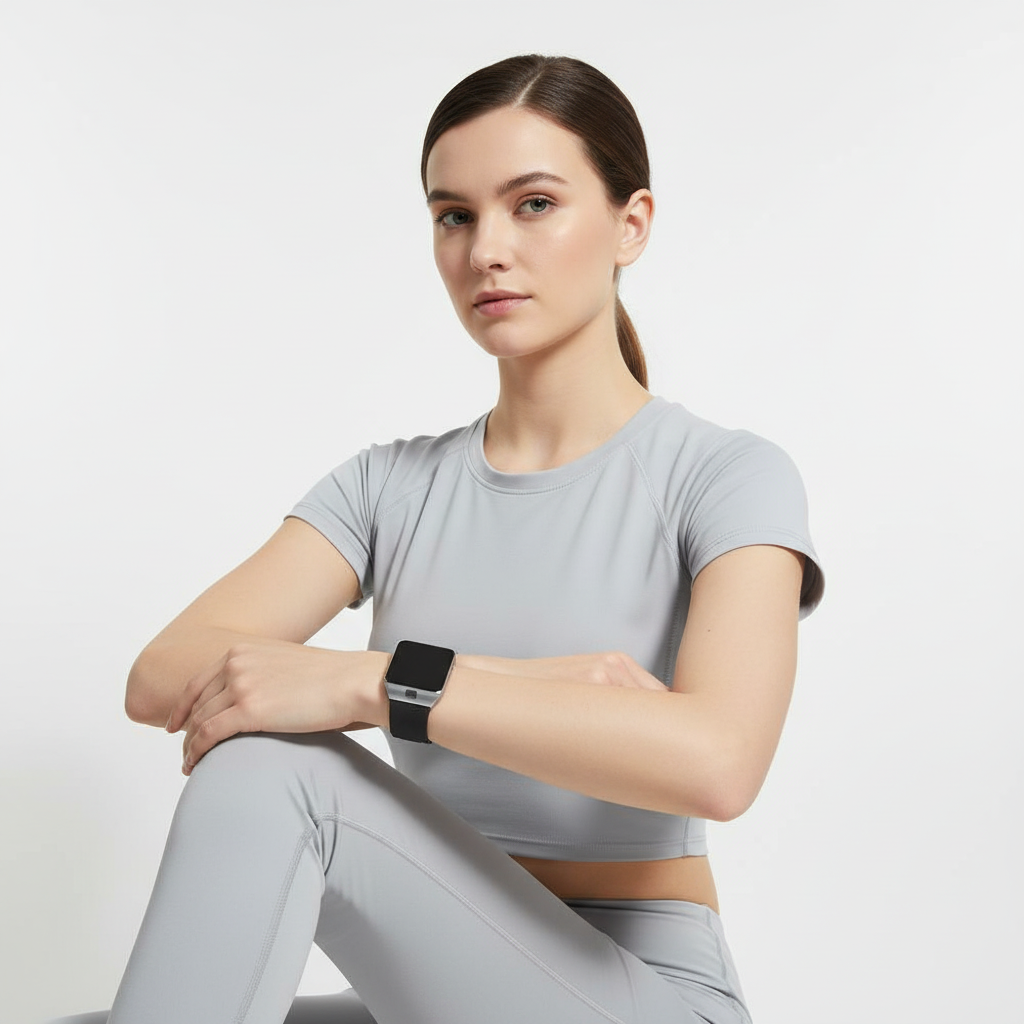 Smartwatch with rectangular display, touchscreen, call answering, and advanced fitness tracking features.