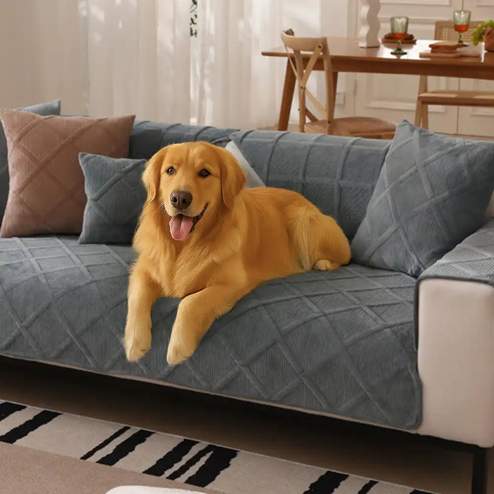 Modern velvety plush sofa protector couch cover in light grey, soft touch, pet friendly design