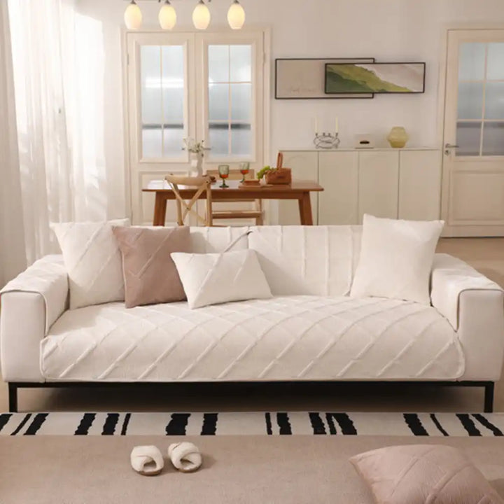 View of a pet friendly couch cover in plush velvet, designed for comfort and ease of maintenance